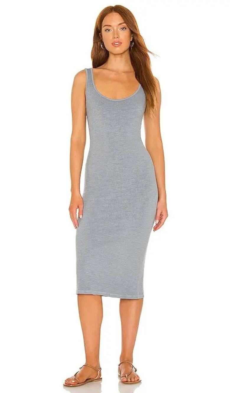 Monrow Supersoft Ribbed Midi Tank Dress Preppy Casual Comfort Everyday Work L